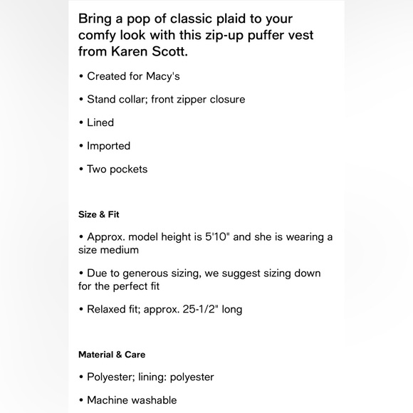 Karen Scott Buffalo-Check Puffer Vest. Size M - Picture 4 of 12